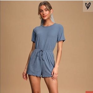 Estelle Slate Blue Ribbed Lettuce Edge Romper